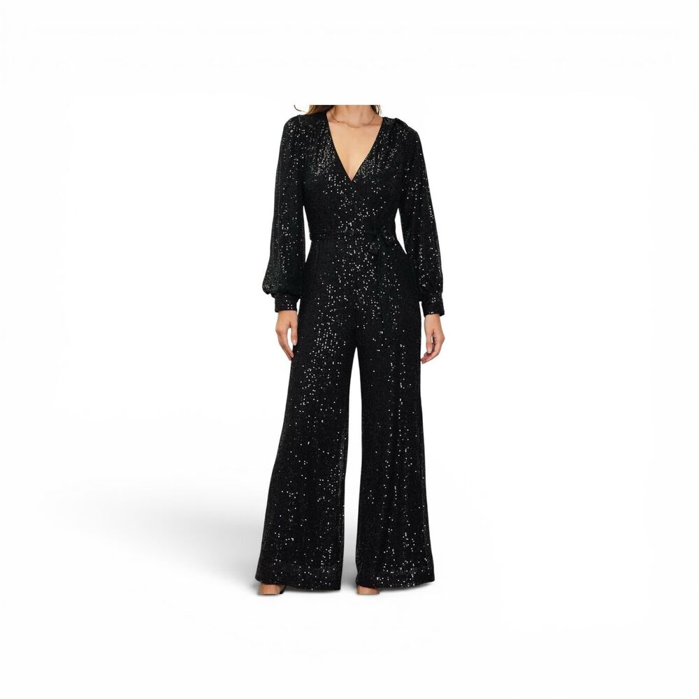 Skies Are Blue Jumpsuit Womens M Black Sequin V-Neck Long Sleeve Wide Leg Belted